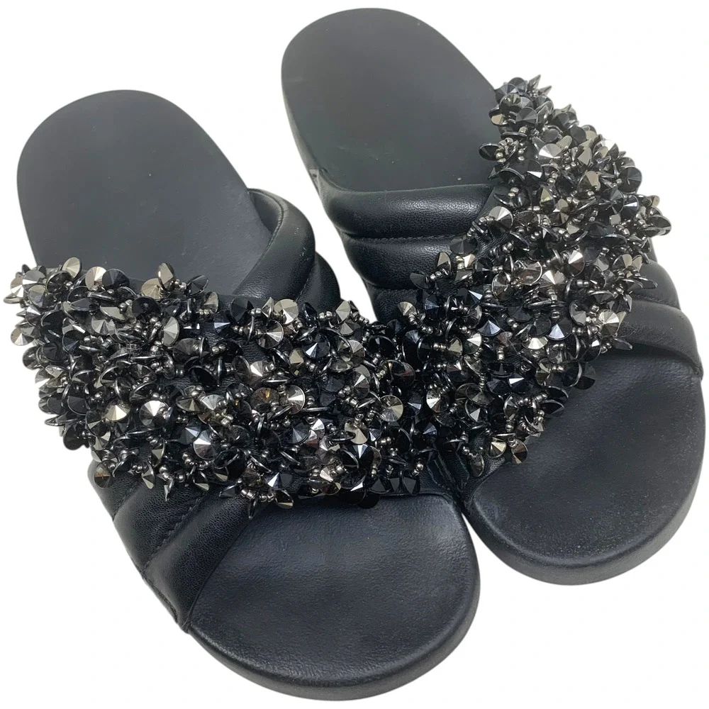 Tory Burch Logan Embellished Studded Leather Crossover Slide Sandals Black Sz 8